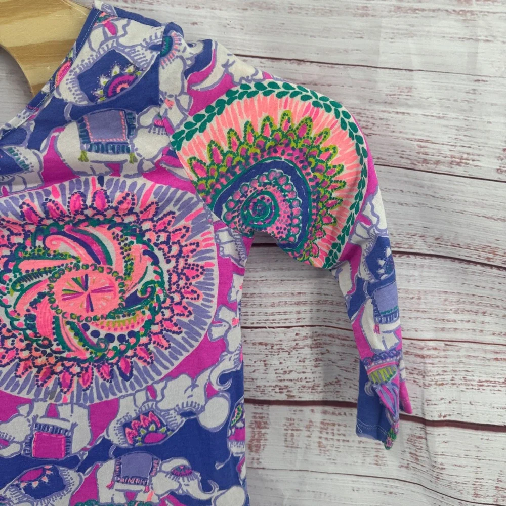Lilly Pulitzer Dress Girls XL 12-14 Blue Pink Elephant Mandala Cotton Knit Dress